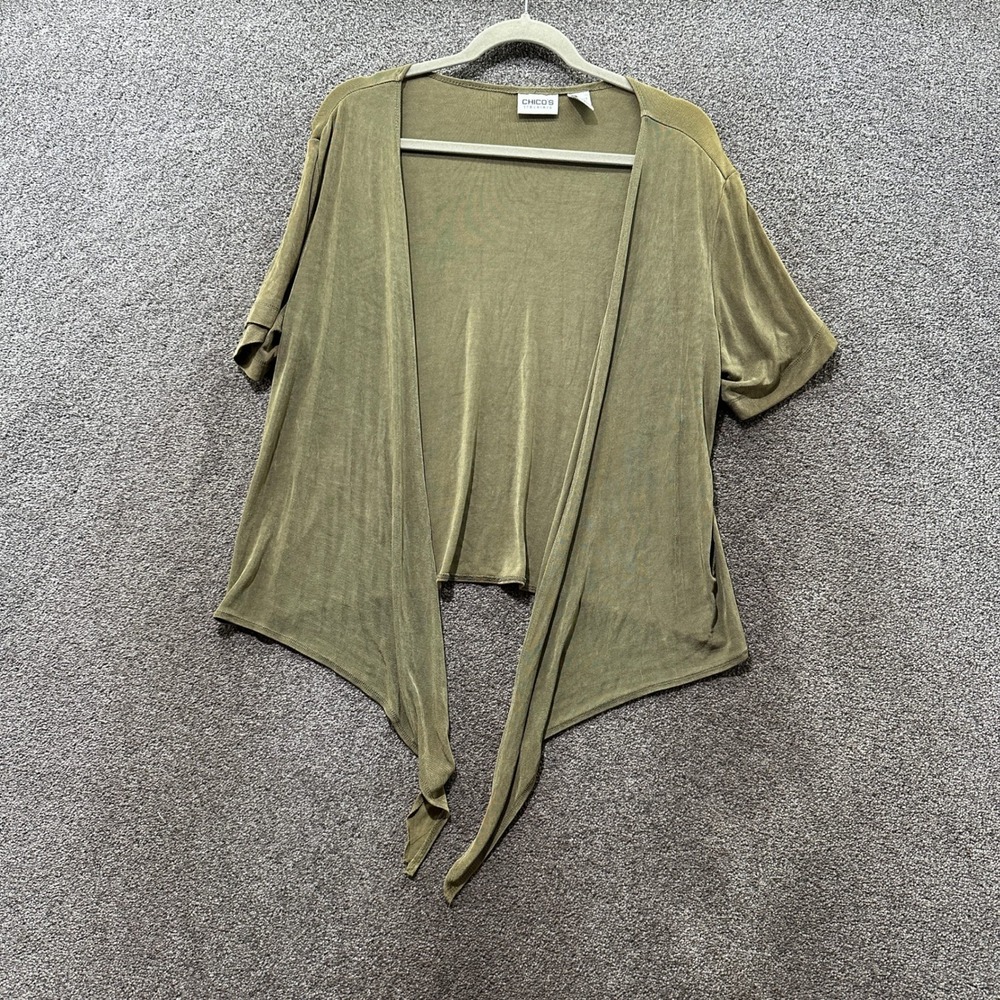 Chicos Travelers Cardigan Sweater Size 2 (L/12) Green Short Sleeve Slinky Knit